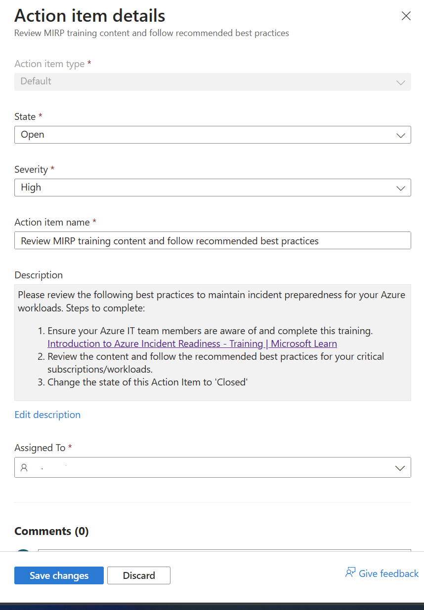 Action Item Details with drop downs for Action Item Types, States, Severity, Action Item Name, Description, and Assigned to.