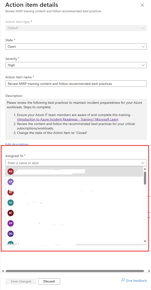 Action Items Details page. Highlighting the "Assigned to" dropdown.