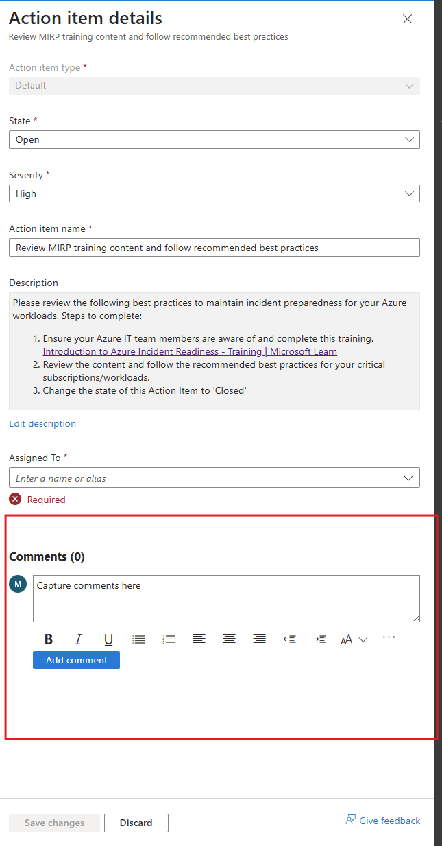 Action Items details page with Add comments highlighted.