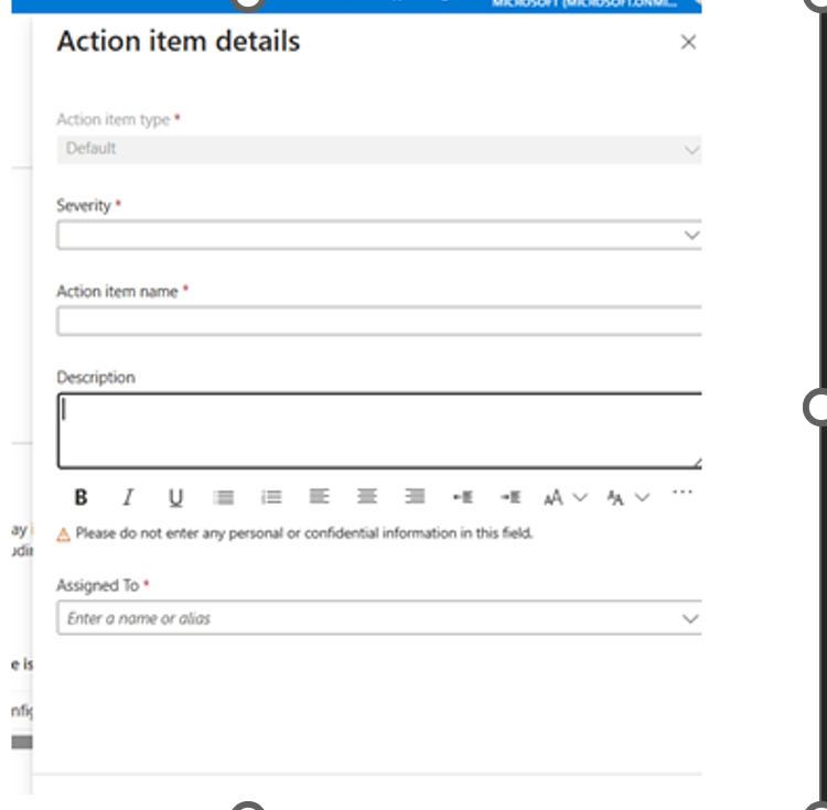 Action item details with cursor in description field.