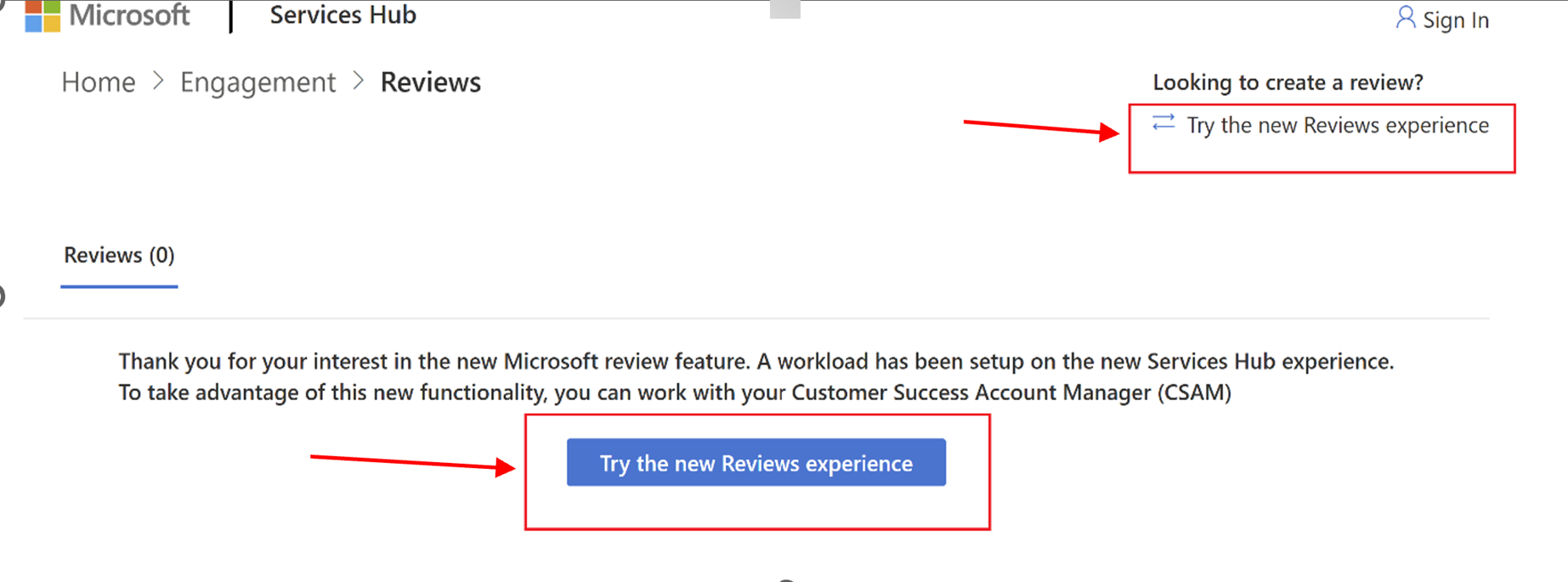 Arrows pointing to "Try the new Reviews experience".