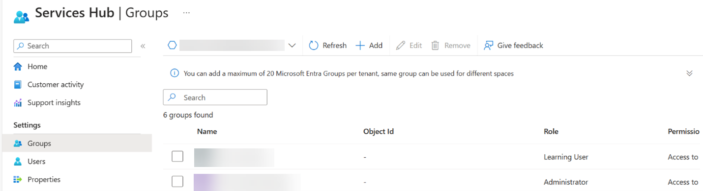 Microsoft Engage Center Groups tab view.