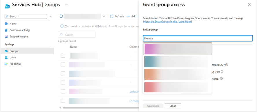 Groups tab view with the Grant group access pane open.