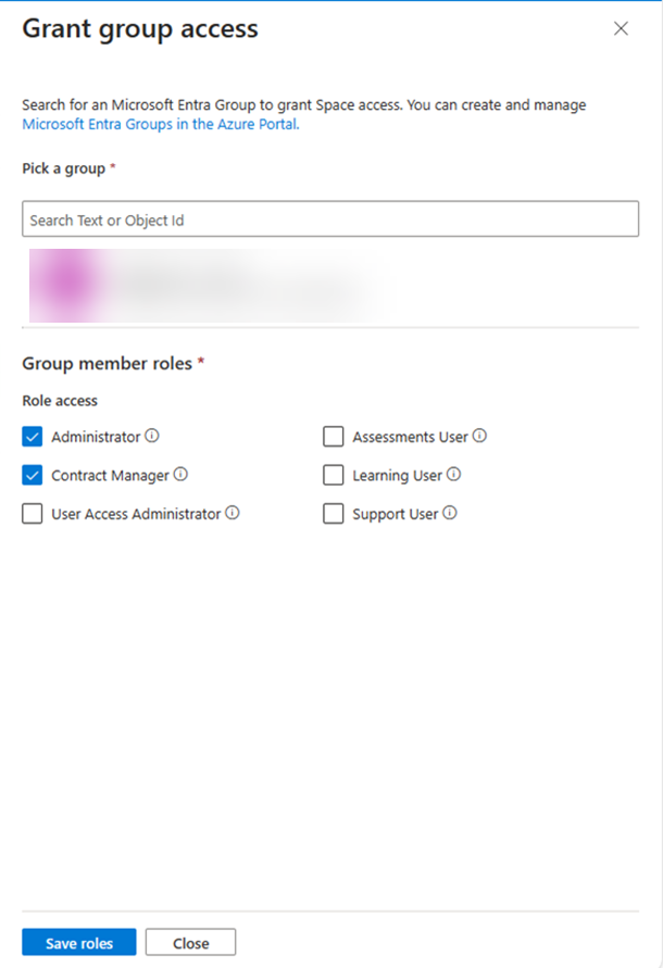 The Grant group access pane with roles selected.