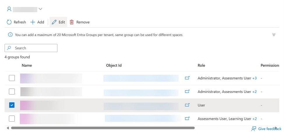 Groups tab view with a Microsoft Entra group selected.