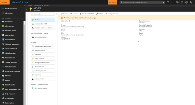 The Microsoft Azure window, which shows a list of the organization's Azure Subscriptions.