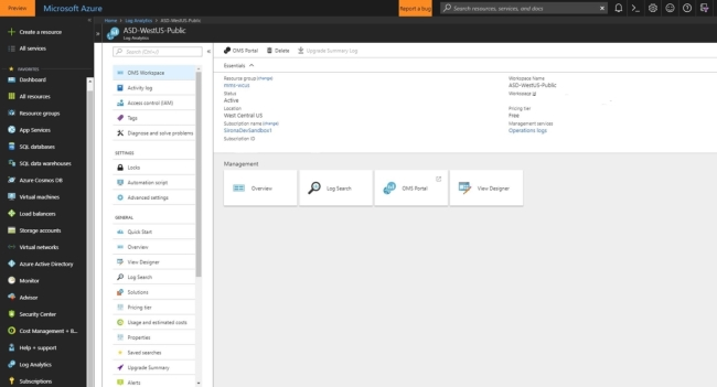 The Microsoft Azure Portal window, which shows a list of Log Analytics workspaces within the user's organization.