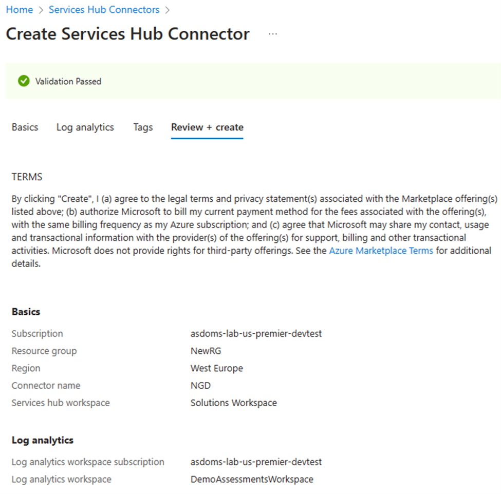 The Create Services Hub Connector view displaying the Review + create tab.