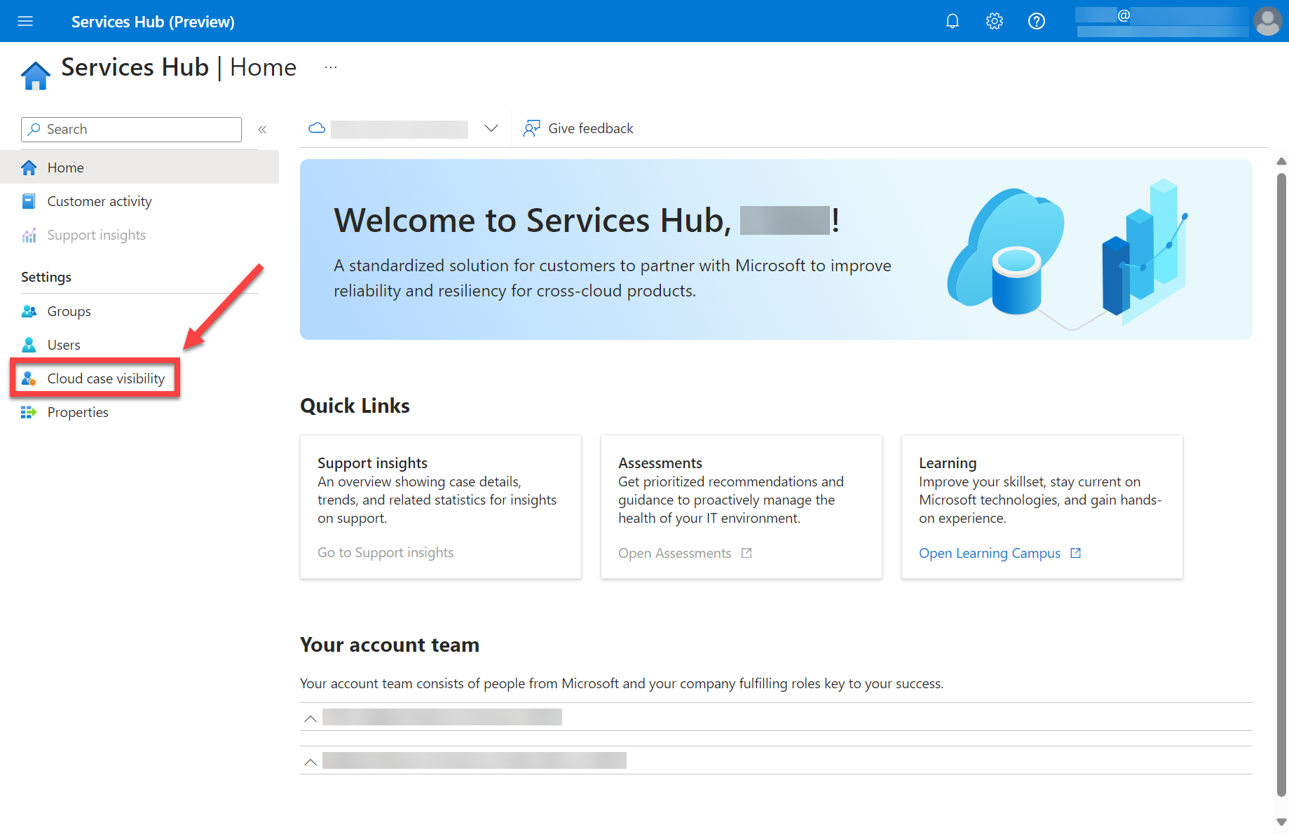 The Services Hub preview home page.