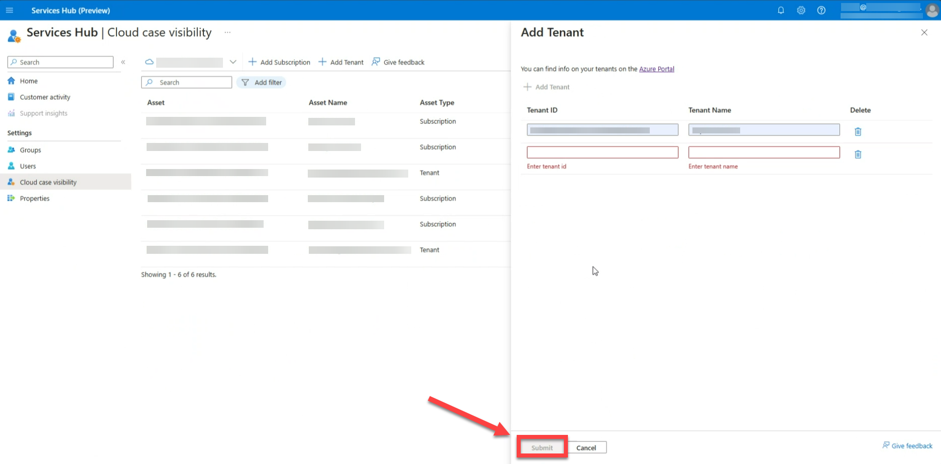 Submit tenant additions button.