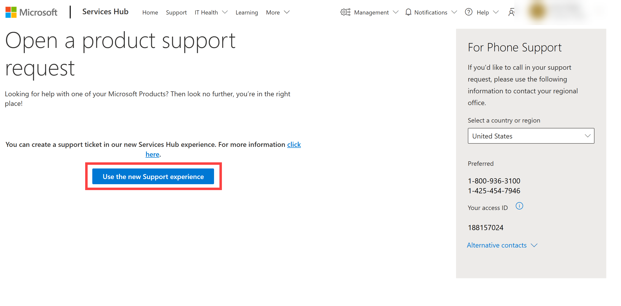 The new support request button outlined in red.