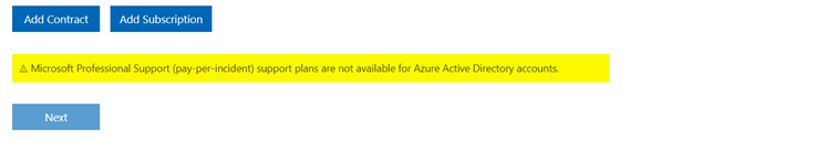 An error message reading "Microsoft Professional Support (pay-per-incident) support plans are not available."