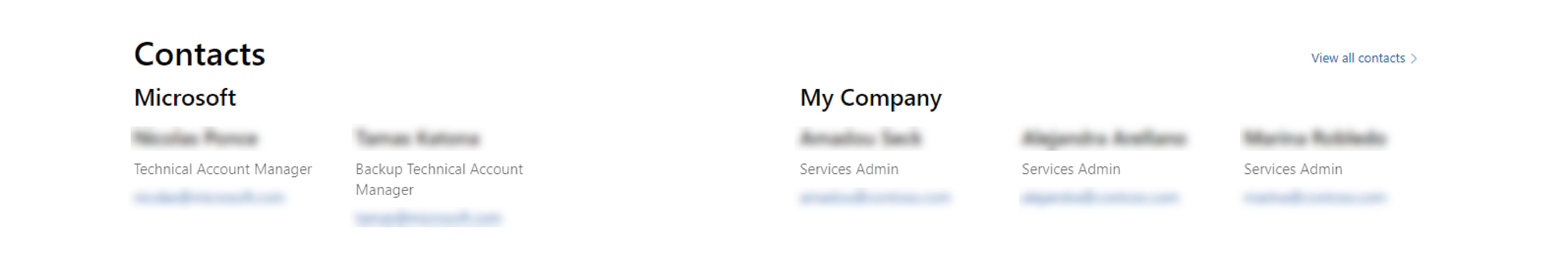 Contacts section of the Microsoft Services Hub home page, showing the Microsoft and My Company sections.