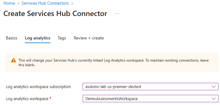 How to complete the Log Analytics tab.