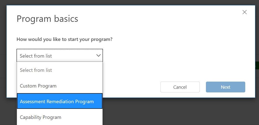 The Program Basics window with the Assessment Remediation Program option in the drop-down menu.