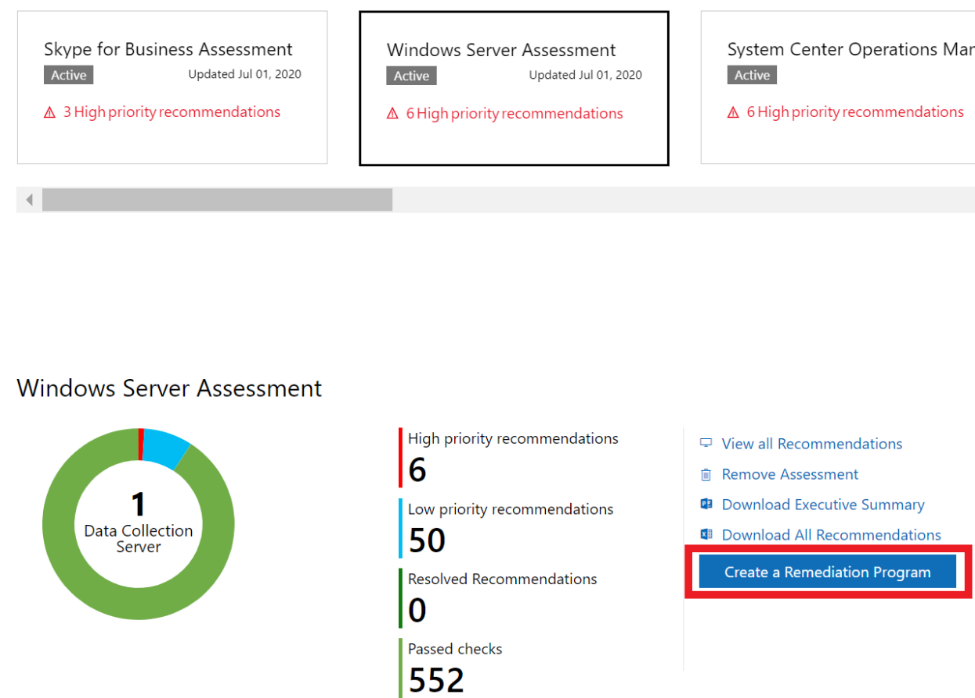 The Windows Server Assessment displaying a donut graph of recommendation counts with the Create a Remediation Program button highlighted.