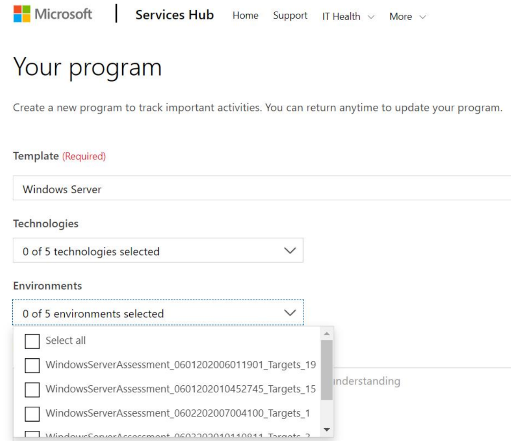 The Your Program window with fields for program template, technologies, and environments.