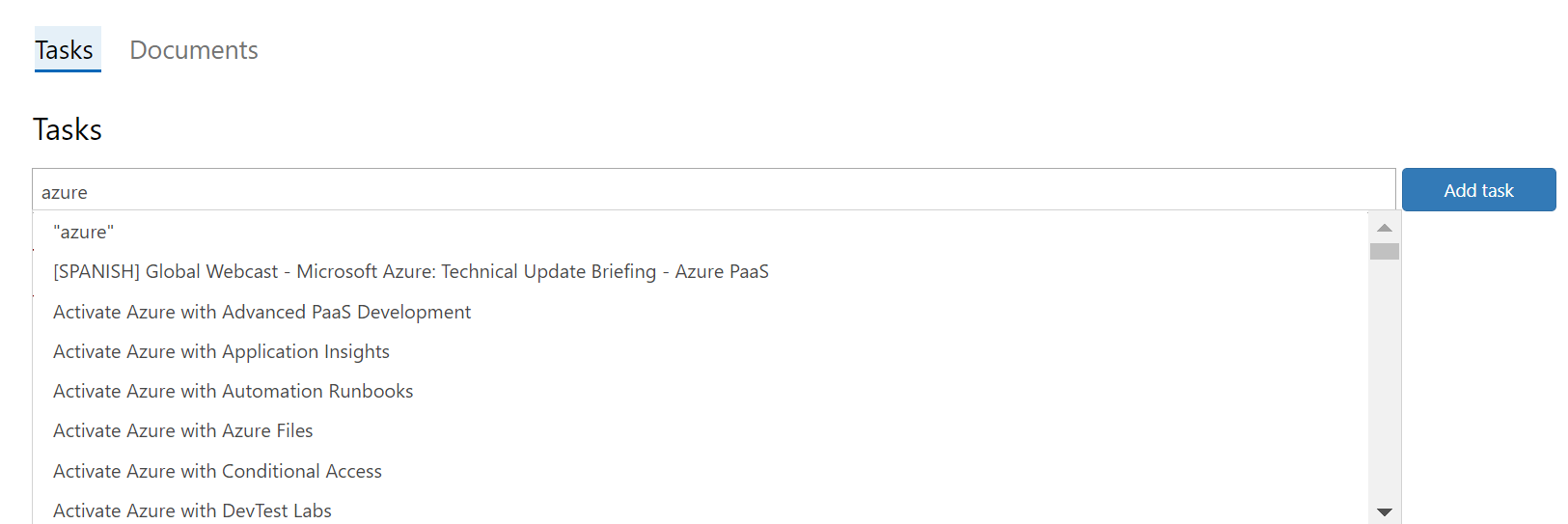 The Tasks view, which is showing the user searching for a catalog item in the text box.