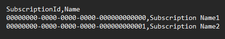 Notepad spreadsheet with a top line that reads SubscriptionID,Name and then more lines with example data underneath the top line.