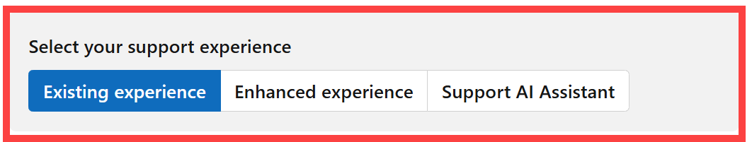 The "Select your support experience" section with three selectors.