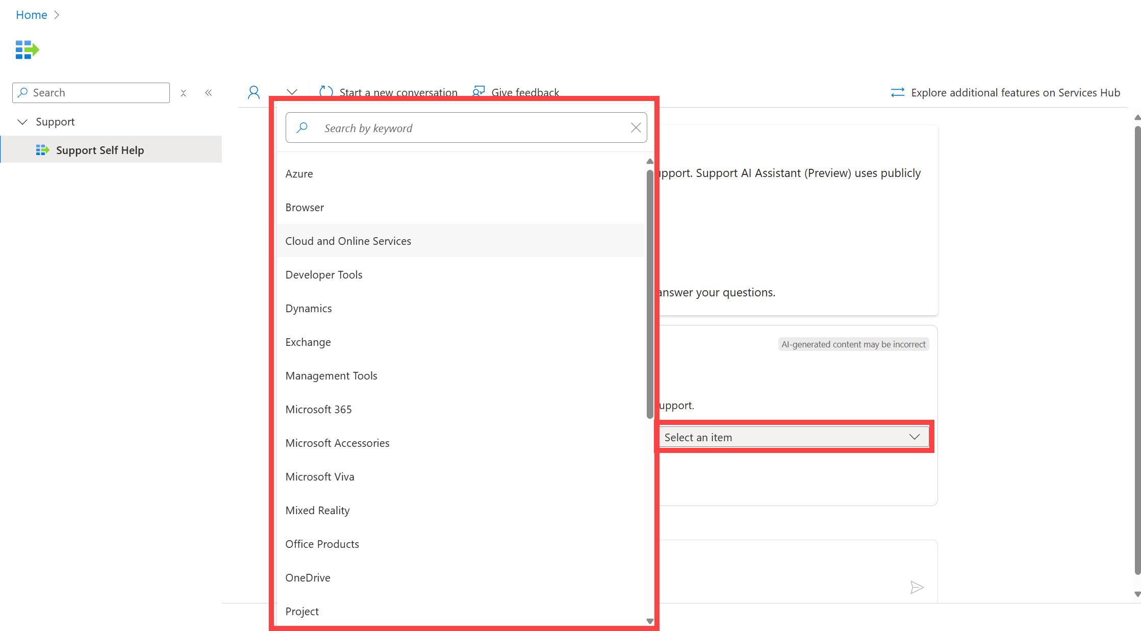 First dropdown list that appears in the Support AI Assistant process.