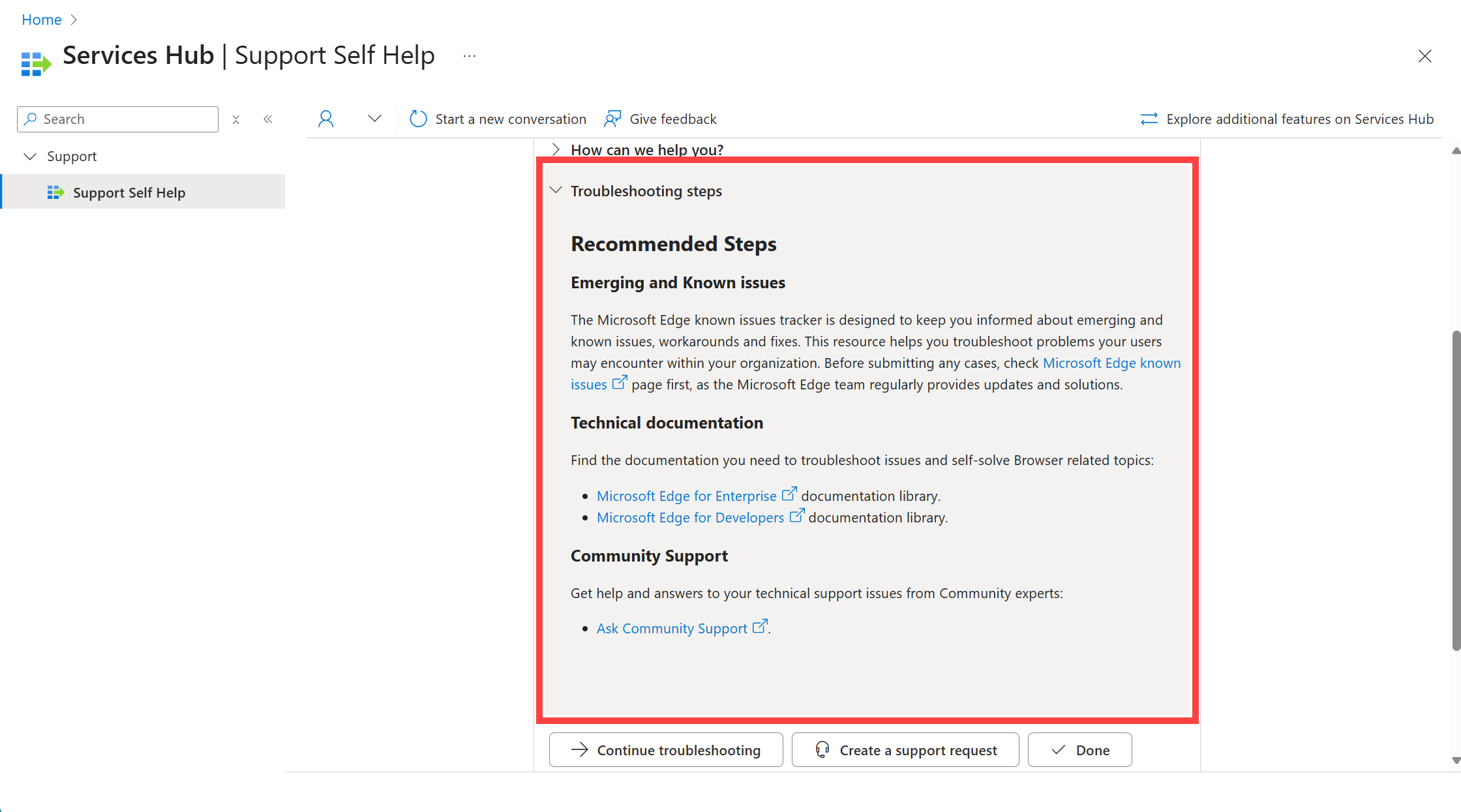 Troubleshooting recommended steps from the Support AI Assistant conversation.