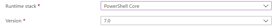 Screenshot of the Azure portal with the Runtime stack and Version fields hightlighted