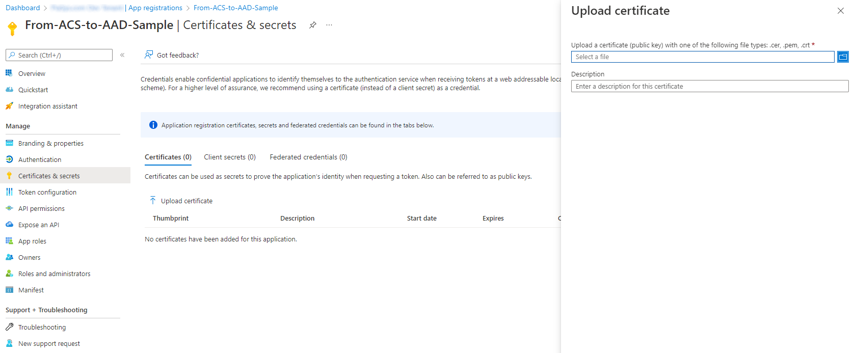 The interface to upload an X.509 certificate for an Azure AD application. There is the Upload certificate button and the upload panel on the right, where you need to specify the .CER certificate file path and an optional description for the certificate. Click on the Add button to upload the certificate.