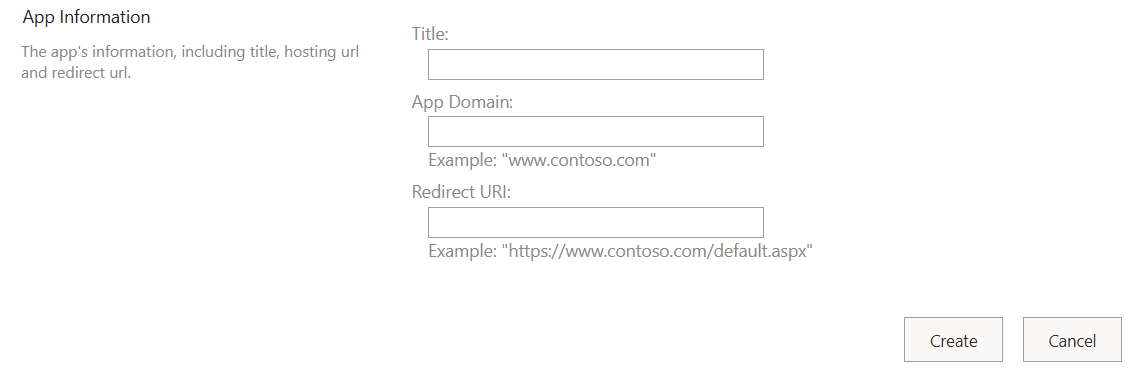 The form on the App Reg New page with boxes for client ID, client secret, title, app domain, and redirect URL. Buttons named "generate" are beside the first two. In the corner are Create and Cancel buttons.