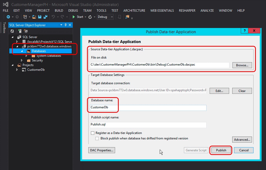 Publish DACPAC dialog