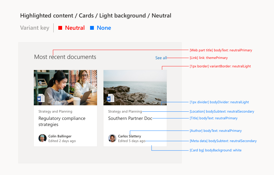 Example of multiple variant redlines for a web part in the Neutral section background