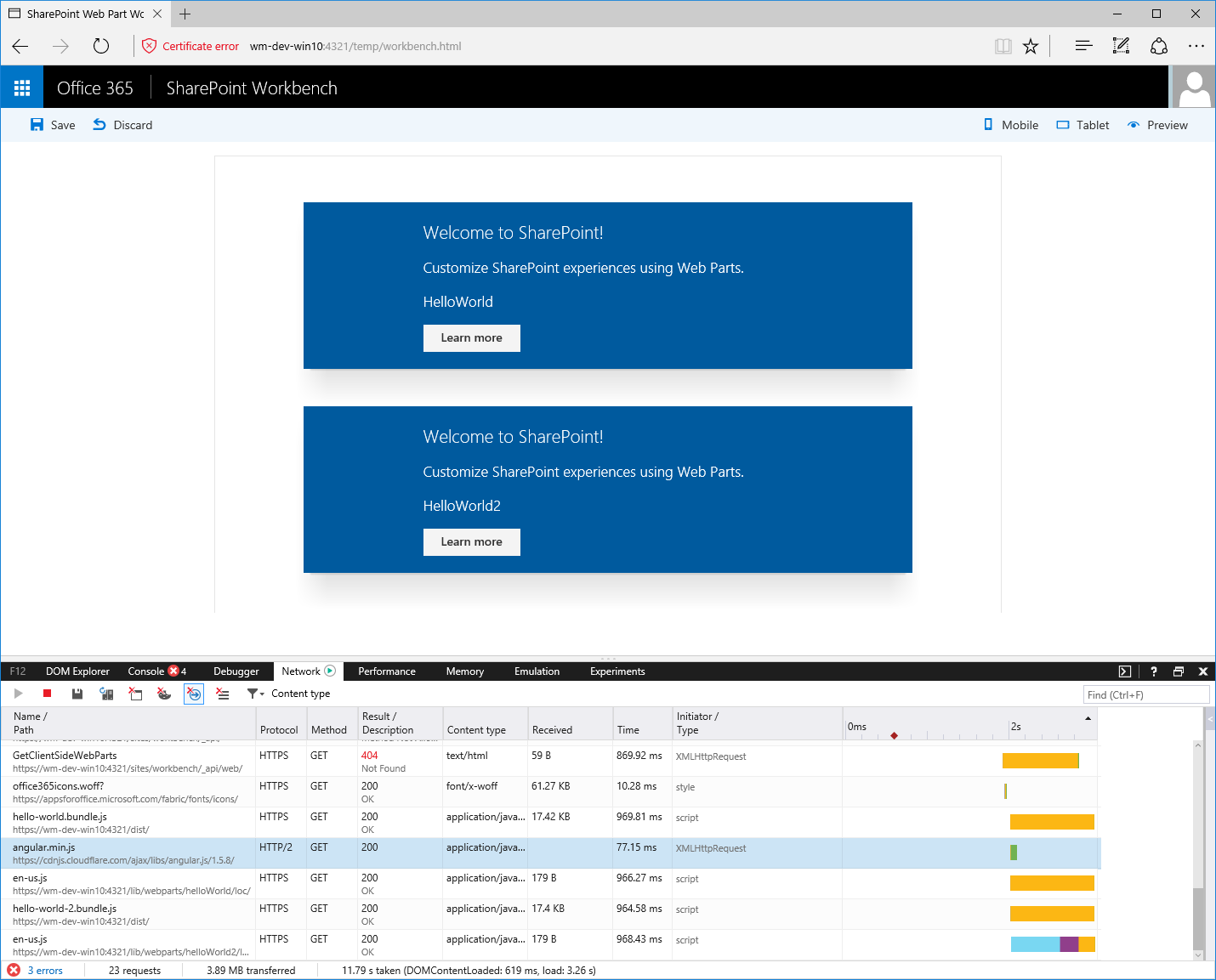 Angular highlighted in the developer tools for a page with two web parts on it