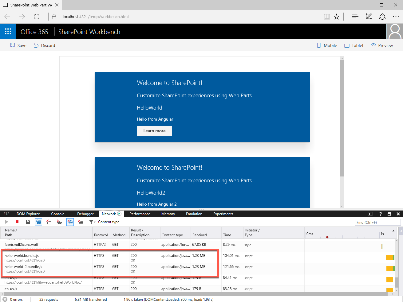 Microsoft Edge developer tools showing on the network tab two web part bundles being loaded