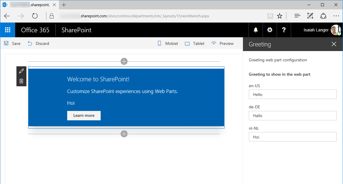 Multiple text fields rendered in the web part property pane to allow translation of the web part values