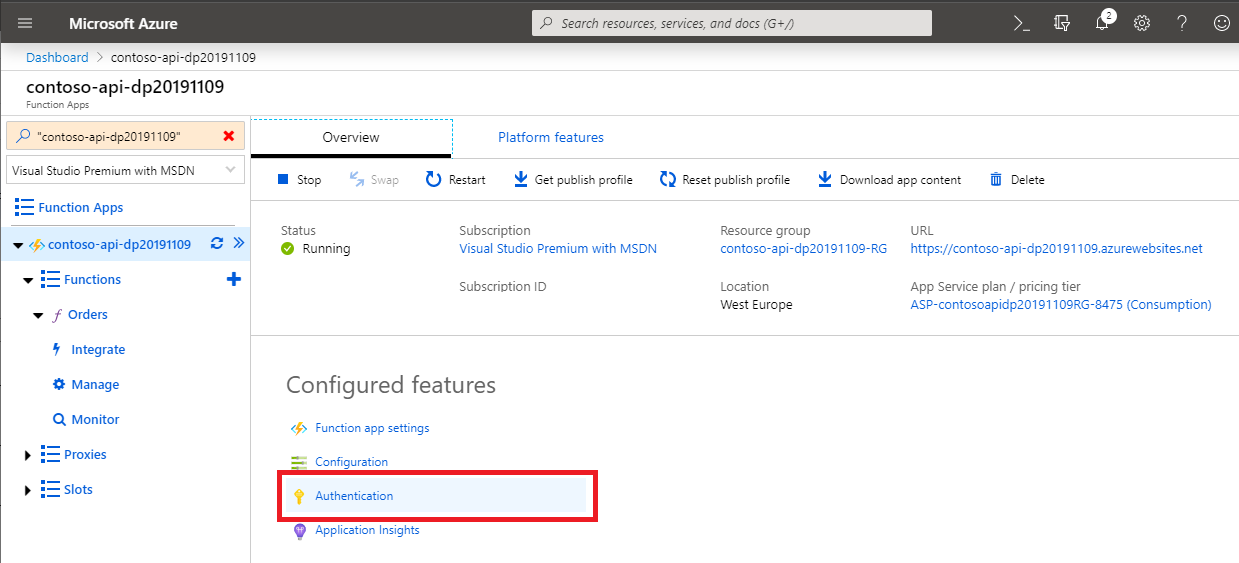 The 'Authentication' link highlighted on the Function App page
