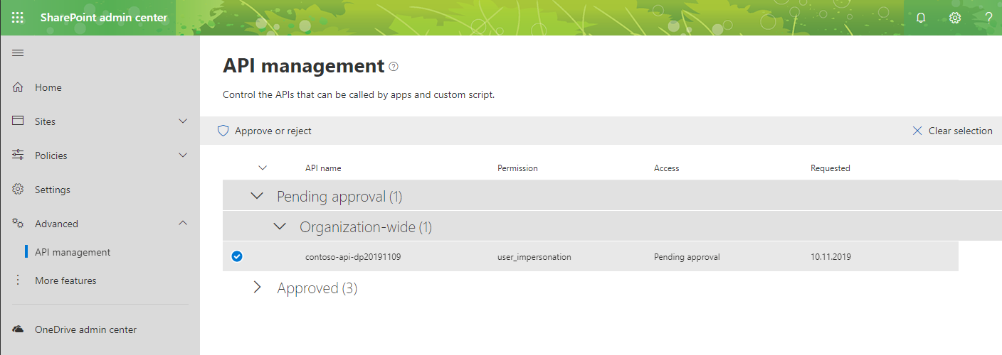 The select button next to a permission request highlighted on the API management page in the new SharePoint admin center