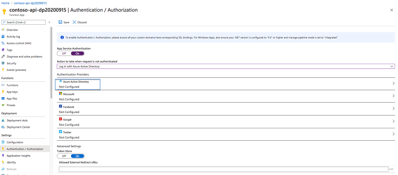 'Azure Active Directory' highlighted in the list of authentication providers for a Function App