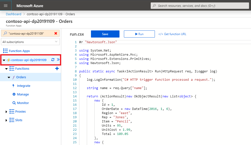 Function app highlighted in the side panel of the Function App blade in the Azure portal