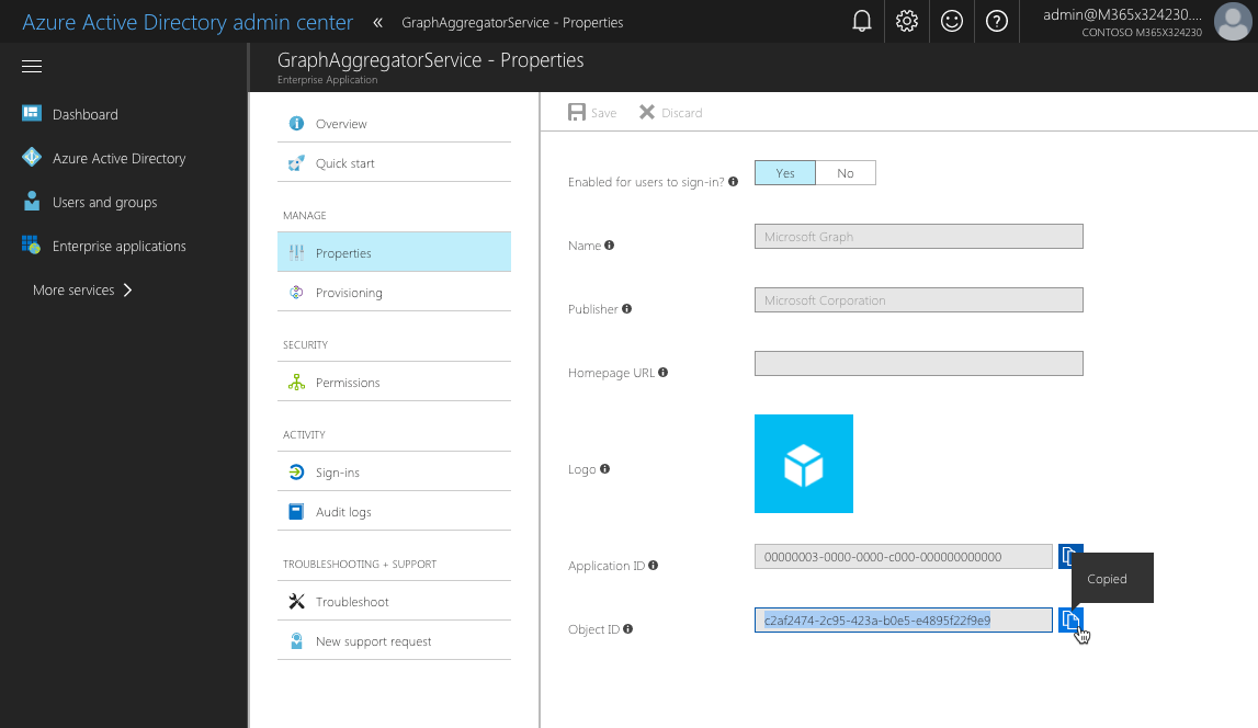 The value of the 'Object ID' property copied to the clipboard in the Azure AD portal