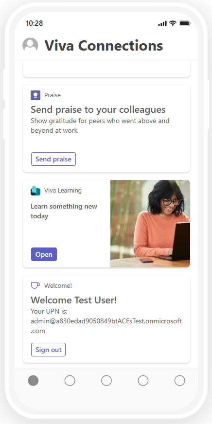 The UI of the sample Bot Powered ACE in the Viva Connections mobile experience. There is a Card View showing a welcome message for authenticated users.