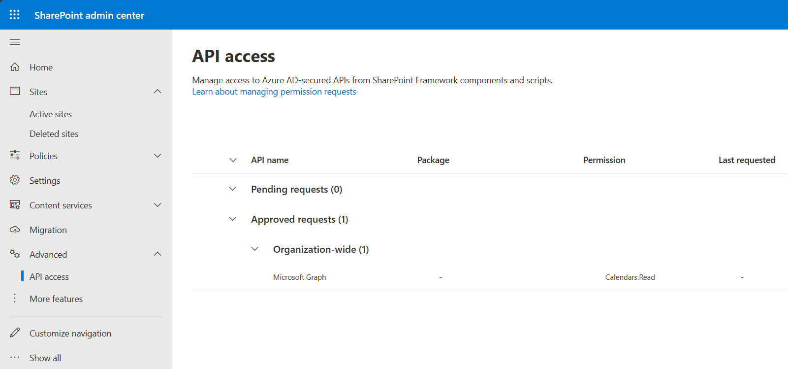 API access page in the SharePoint admin center