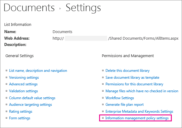 Information management policies link on settings page for document library.