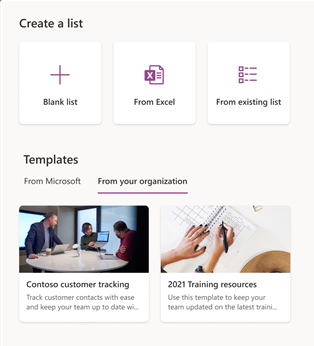 The "Contoso customer tracking" template on the "From your organization" tab of the Create a list dialog box.