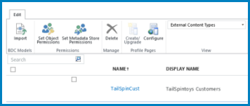 A screenshot of the Ribbon in standard BCS External Content Type View.