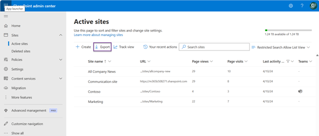 Screenshot of exporting  active sites results