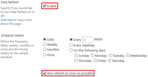 Screenshot of Power Pivot data refresh settings.