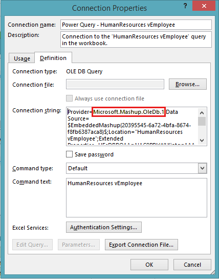 Screenshot of the Connection Properties dialog box. Under the Definition tab, check if the provider is Microsoft.Mashup.OleDb.1.