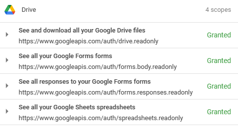 Screenshot that shows google permissions granting for gsheet