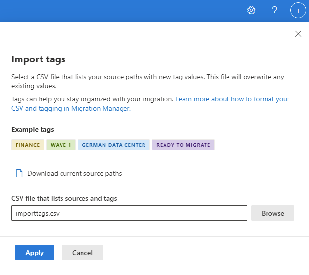 Import tags entering CSV file name