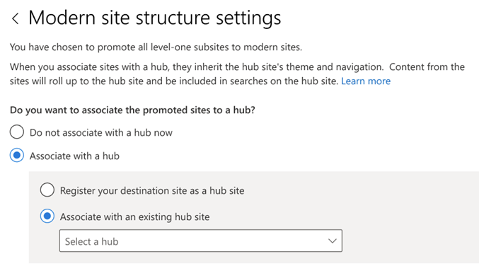 enter the name of an existing hub to associate your sites with